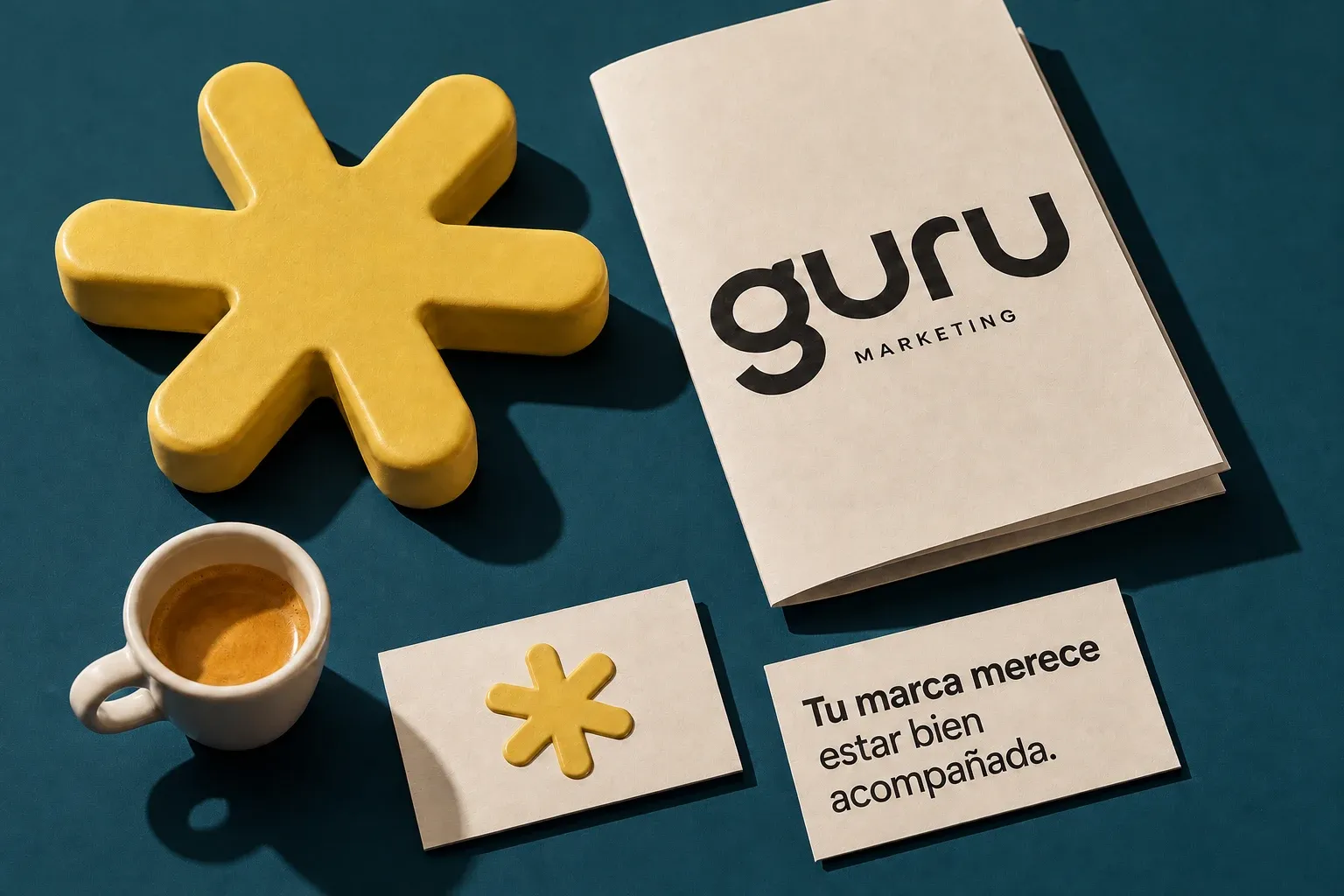 Identidad de Guru Marketing en azul petróleo, amarillo y papel. Aplicación conceptual generada con IA.